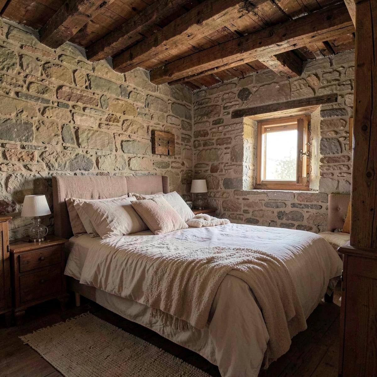Habitación con paredes de piedra y vigas de madera