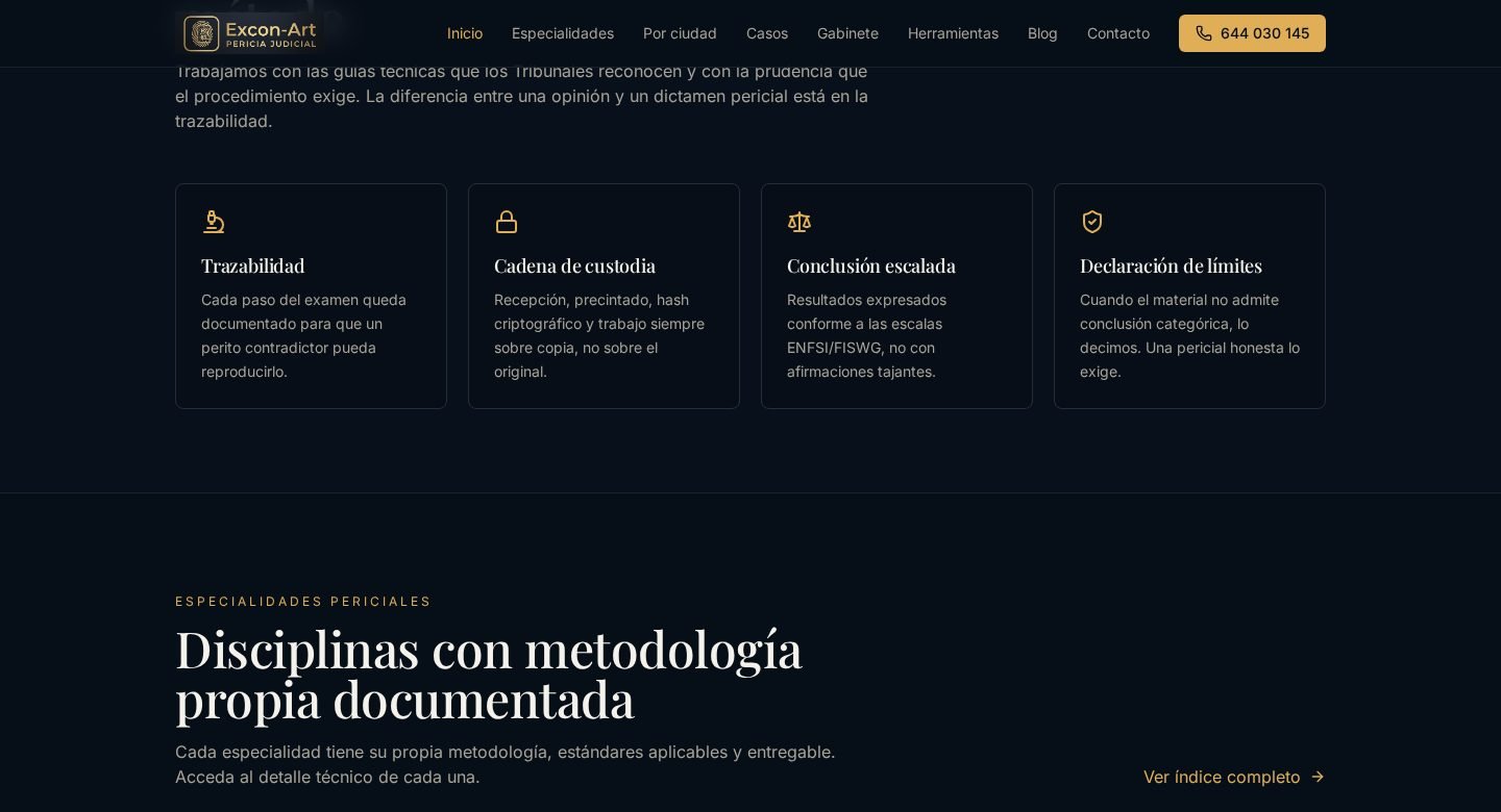 Sección de servicios periciales de la web de Excon-Art
