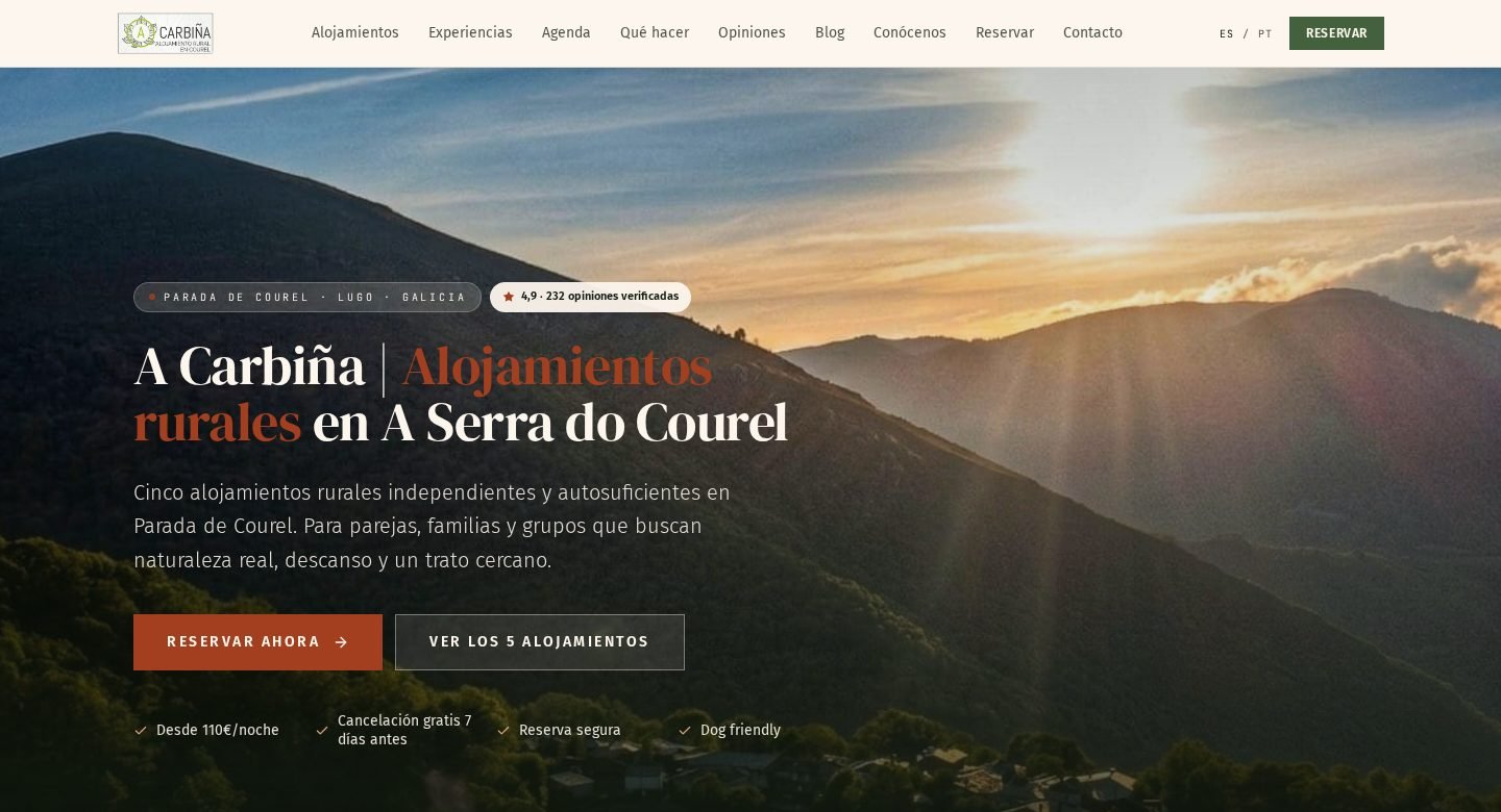 Portada de la web de A Carbiña, alojamientos rurales en el Courel