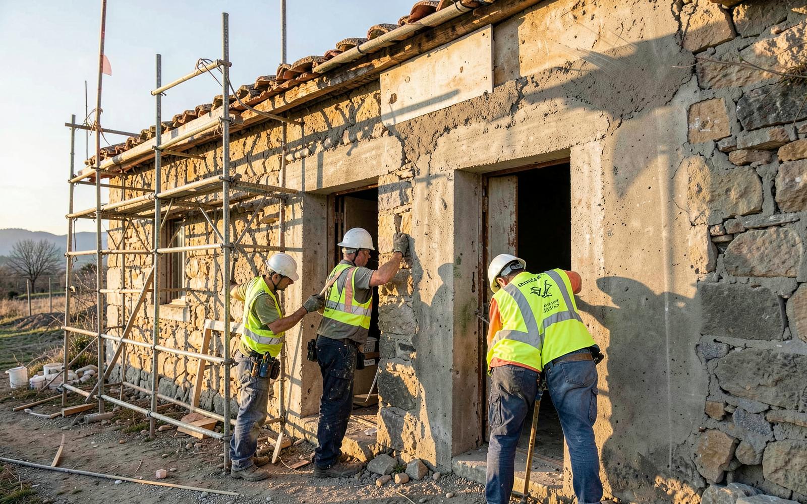 Operarios rehabilitando la fachada de una casa de piedra