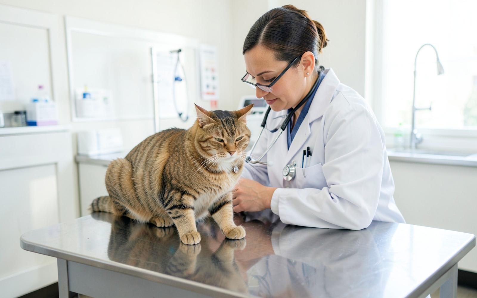 Veterinaria auscultando a un gato en consulta